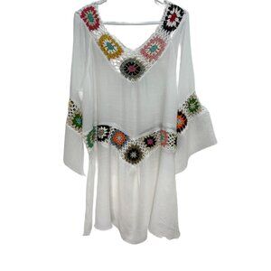 #1106  Unique Design Embroidered Trim V-Neck Flare 3/4 Sleeves Cover Up